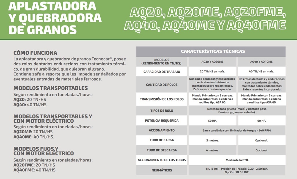 QUEBRADORA Y APLASTADORA DE GRANOS TRANSPORTABLE TECNOCAR AQ20